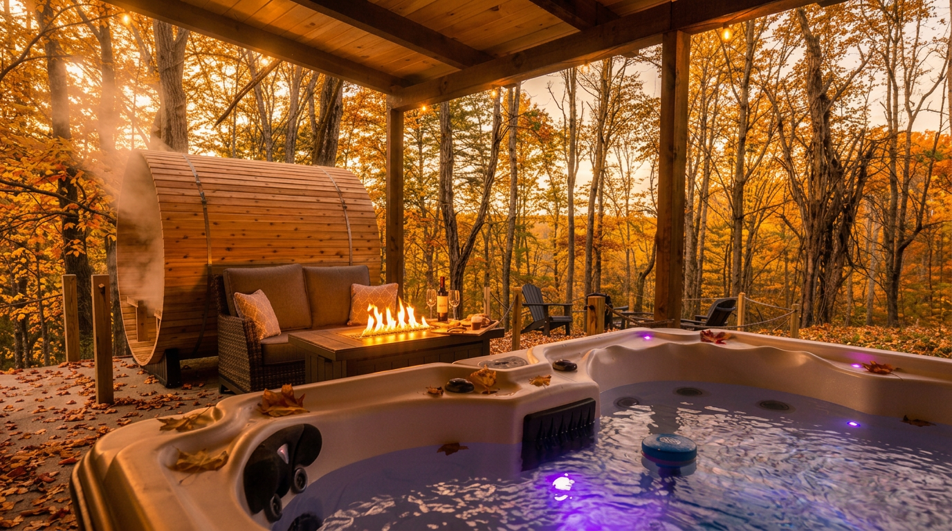Luxury cabin retreat with hot tub and sauna surrounded by autumn foliage